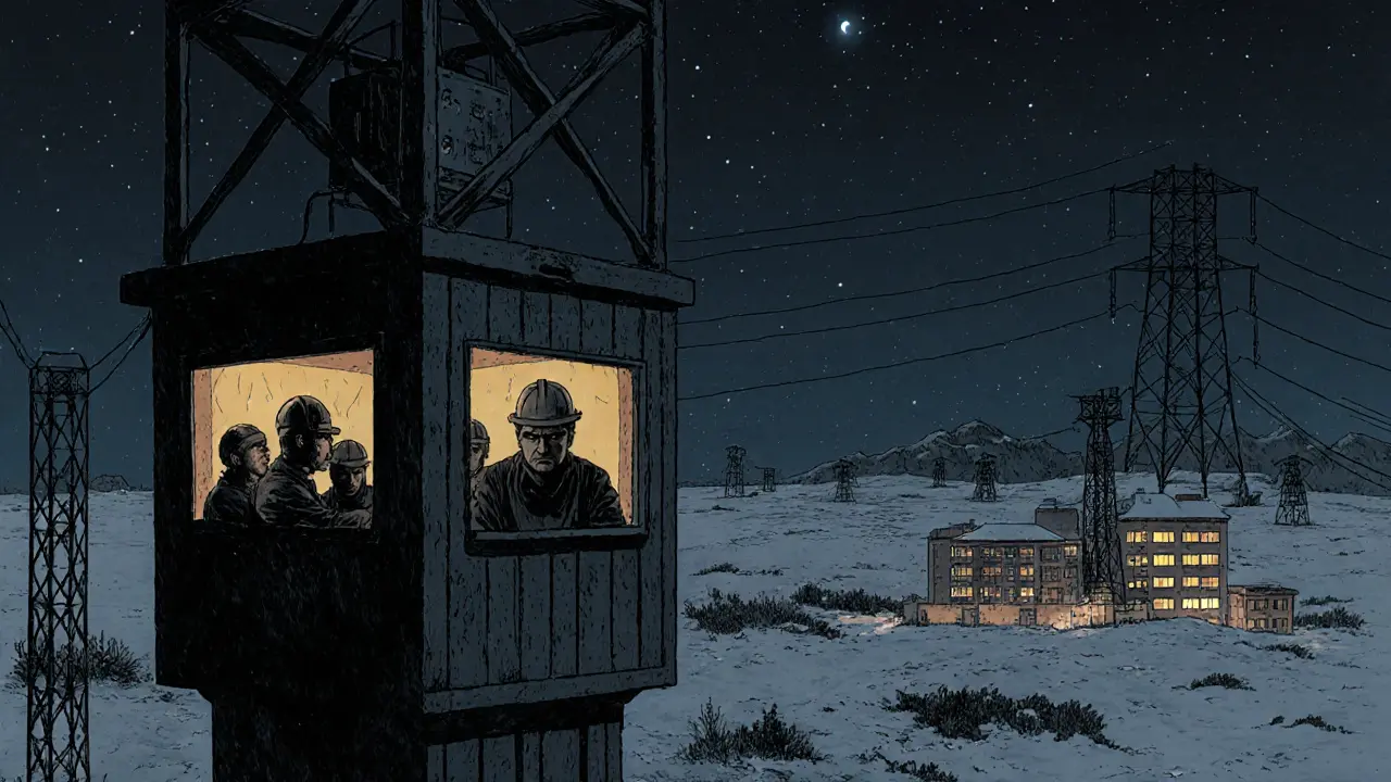 A mining facility abruptly shut down at night, while nearby buildings remain lit.