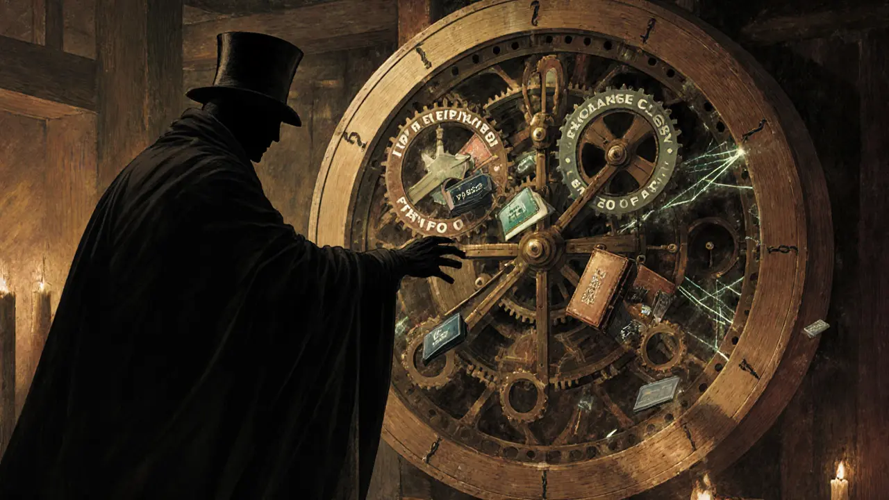 A shadowy figure reaches toward a mechanical exchange clock marked with &#039;LP Rebates&#039; and &#039;Zero Fees&#039;.