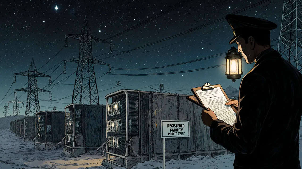 An industrial crypto mining farm under stars, with an inspector checking a digital registry.