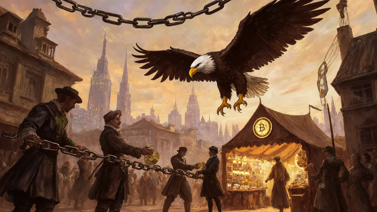 Traders in period clothing exchange tokens beneath Magic Eden’s eagle emblem at a rustic crypto marketplace.