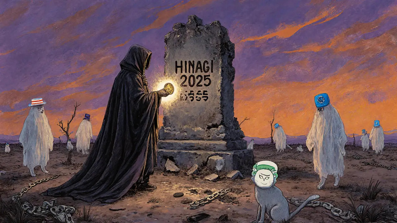 A figure watches a token dissolve to ash before a crumbling HINAGI monument in a digital wasteland.