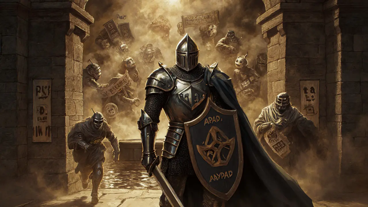 A knight guards the Anypad gate as scam bots flee into darkness.