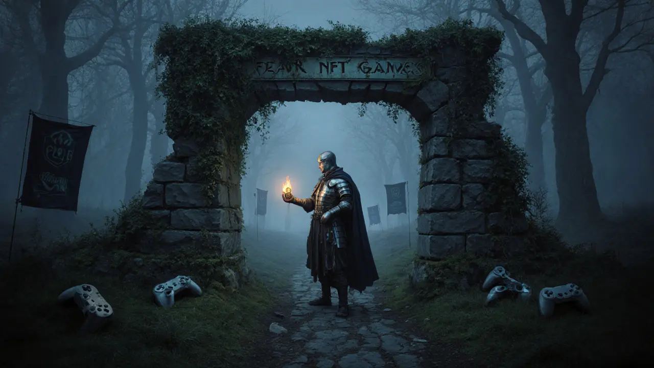 A lone traveler holds a fading FEAR token before a ruined gateway overgrown with vines.