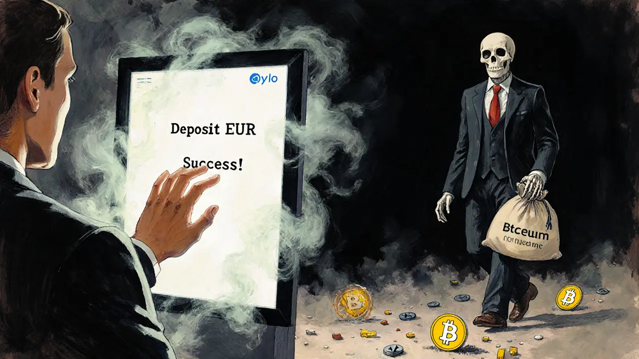 A trader&#039;s hand passes through a fake deposit screen as a shadowy figure steals crypto, with coins scattering like ashes on the floor.