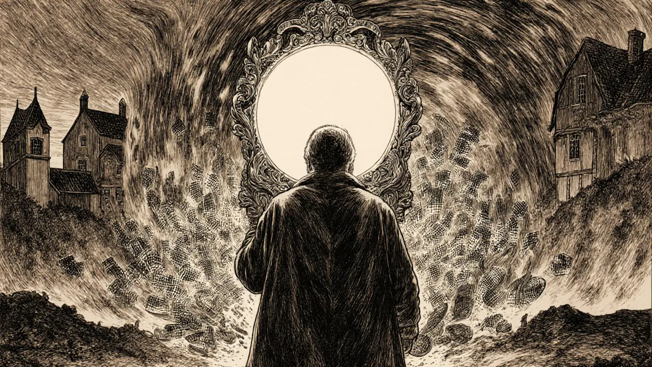 A traveler holds a mirror showing a single circle of light, while faceless clones dissolve into ash around them.