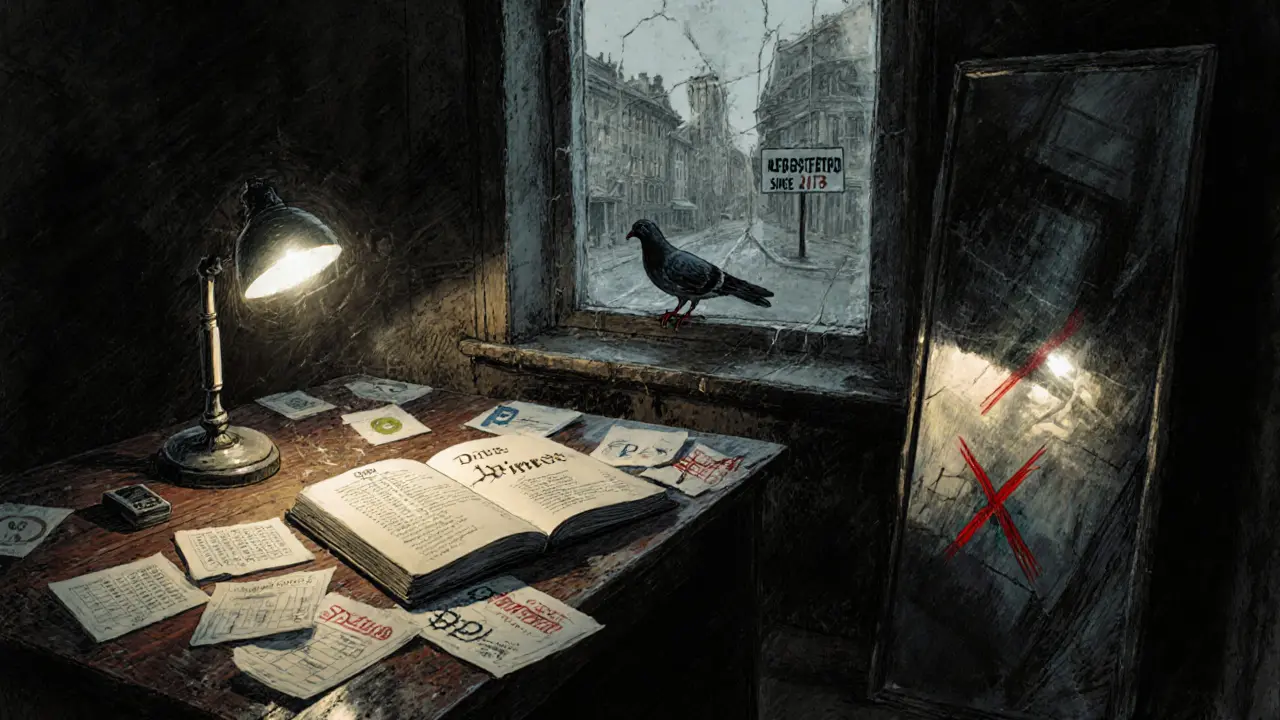 An abandoned office with a registry book for Darb Finance, fake fee papers, and payment logos crossed out under a flickering lamp.