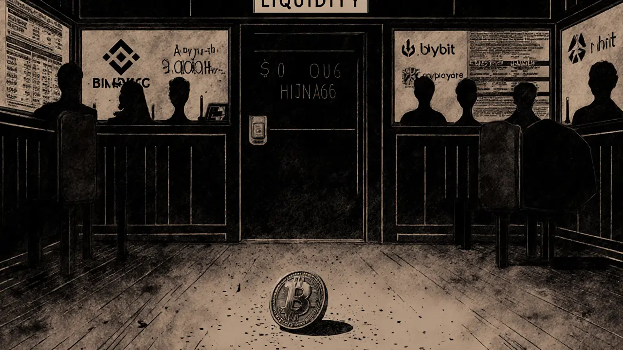 An empty trading floor with flickering screens and a single rolling token toward a closed door.