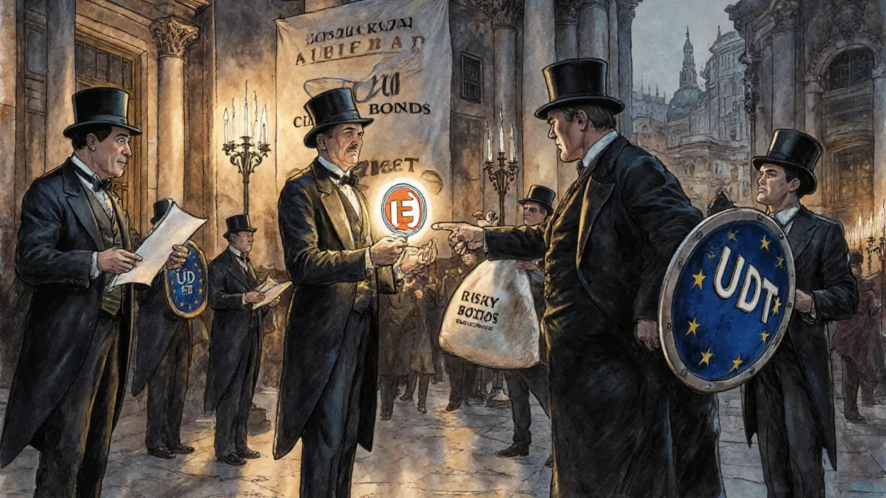 Bankers in period attire exchange compliant digital tokens while USDT is rejected at the gate.