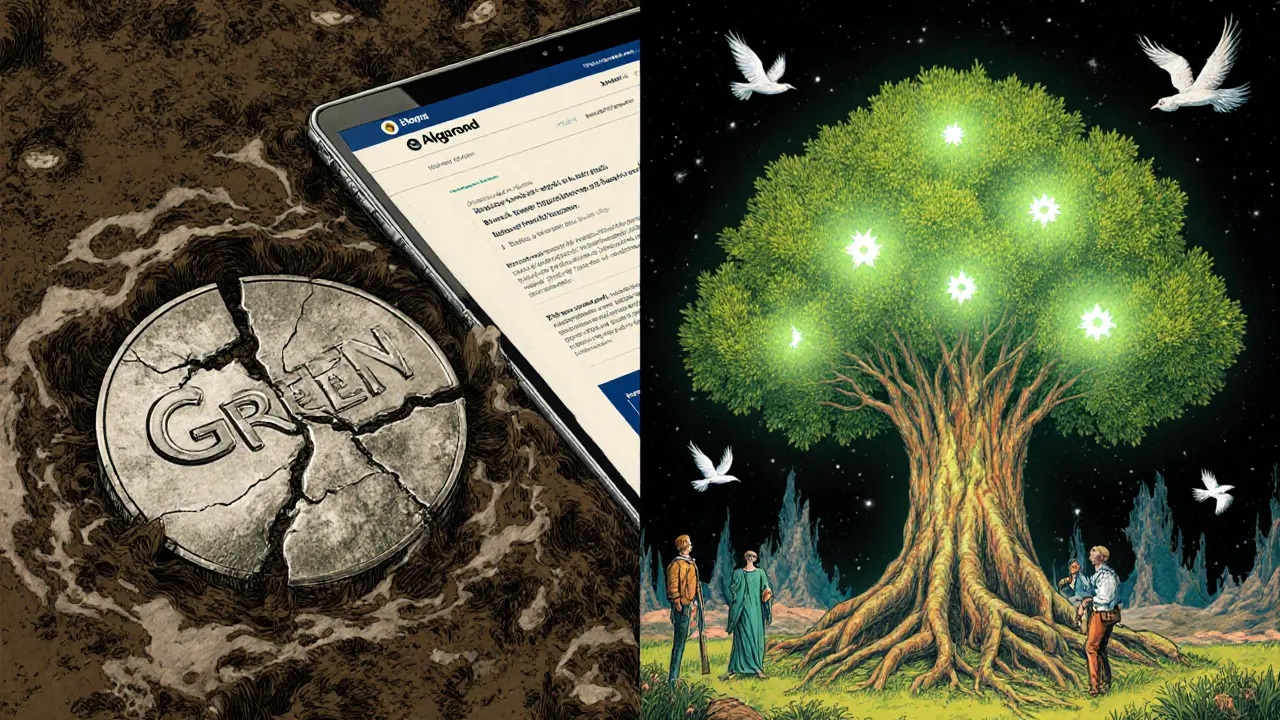 Broken GREEN coin in mud vs. glowing eco-blockchains rising like trees with developers and birds, contrasting decay and hope.