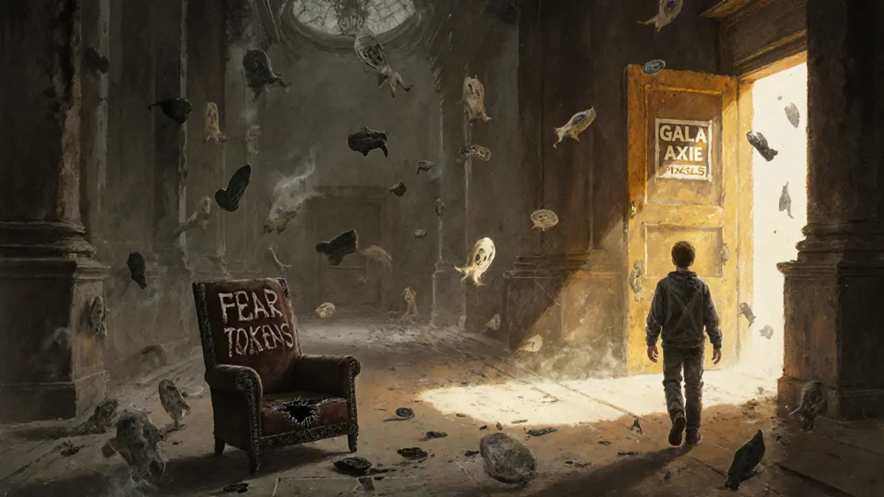 Ghostly tokens float in an empty hall as a player walks away toward a bright new path.