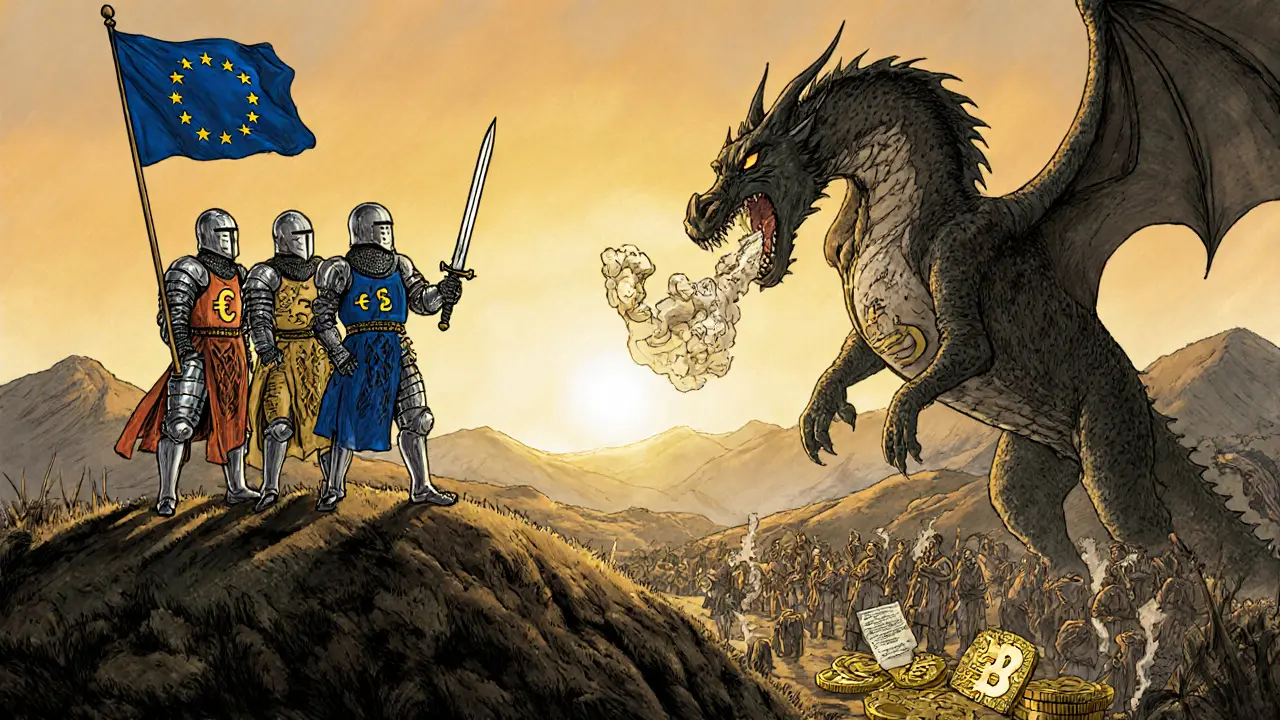 Knights of compliant stablecoins defeat a dragon of risky assets under a European banner.