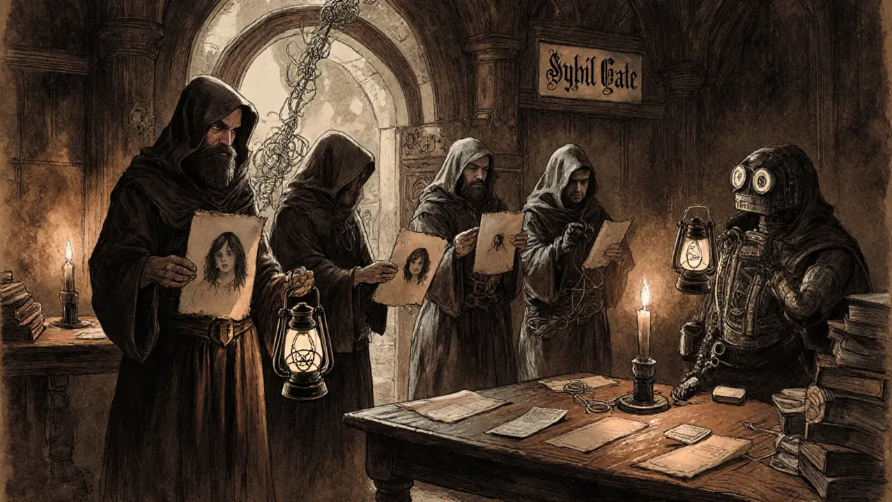 Validators review human portraits on parchment as mechanical bots are banished through a glowing gate in a candlelit chamber.