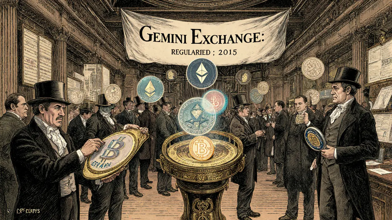 19th-century traders examine floating crypto coins on brass instruments, with a guard correcting someone trying to buy a fake &#039;GEMINI&#039; coin.