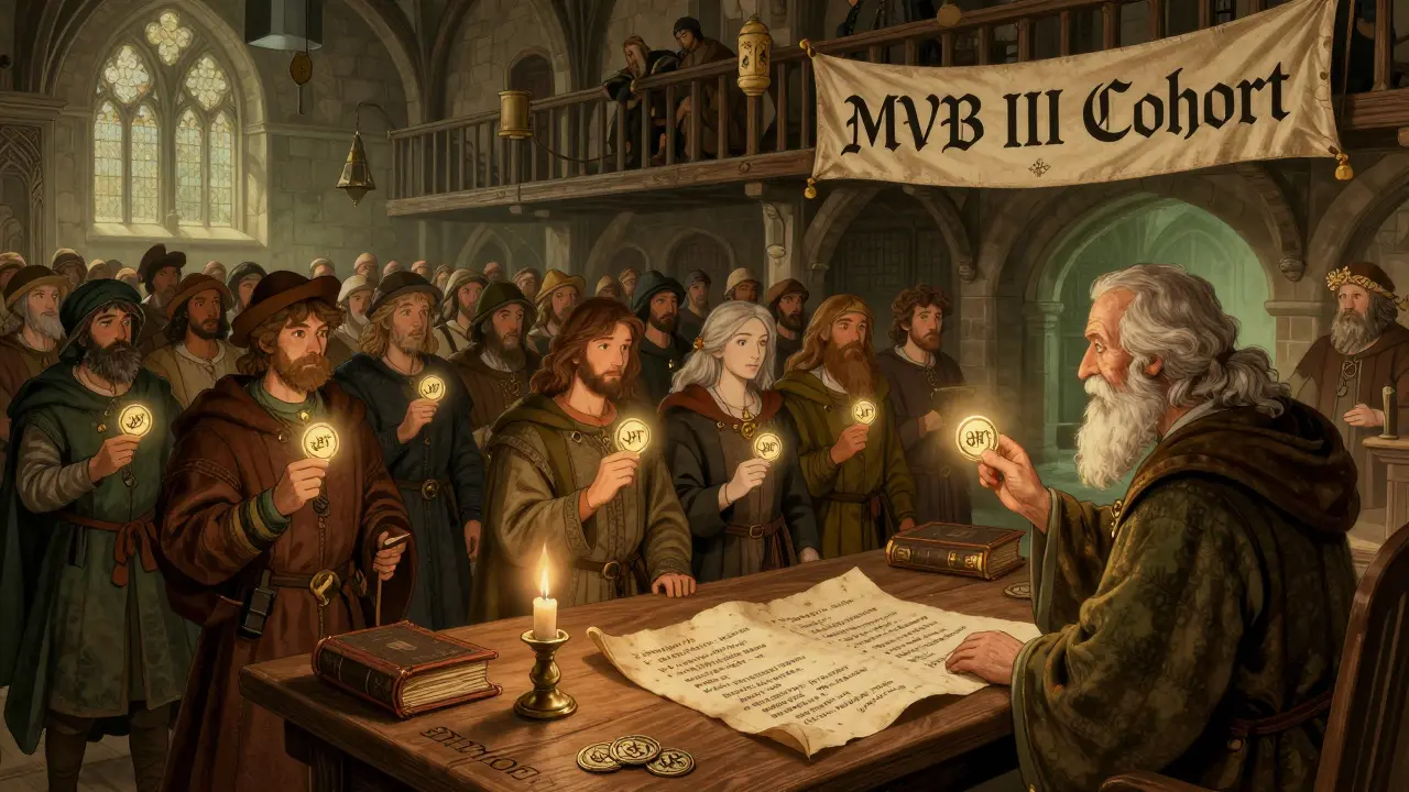 2,300 people receive QBT tokens in a medieval guildhall under candlelight.