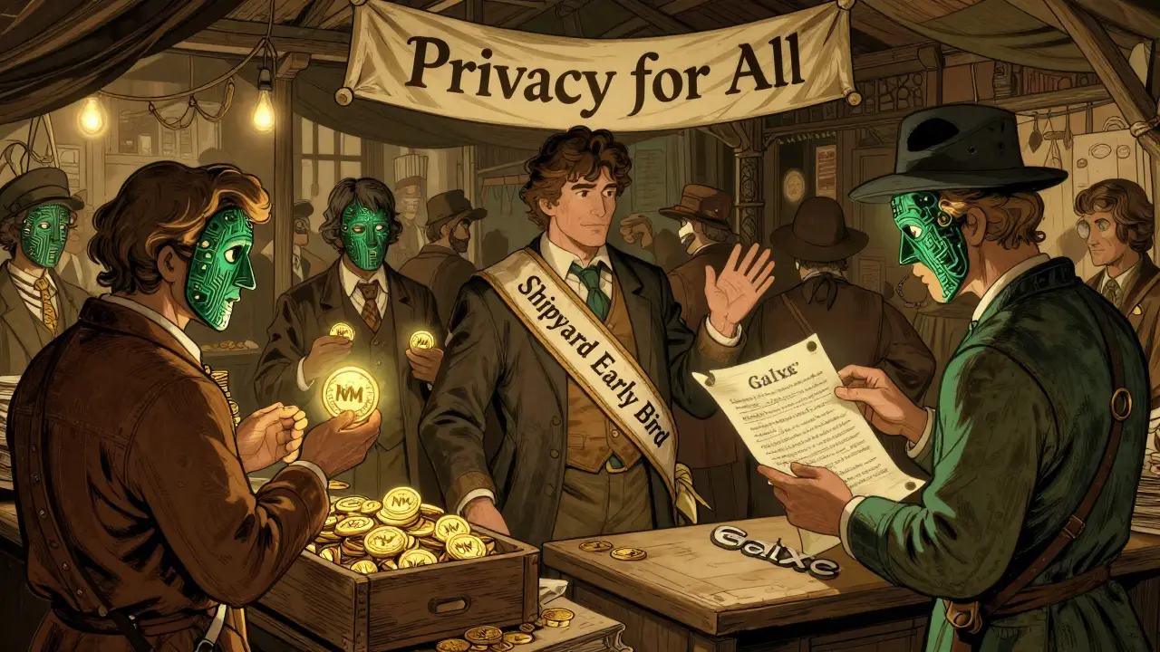 A 19th-century marketplace trading NYM tokens, with masked patrons and a Galxe clerk verifying rewards.