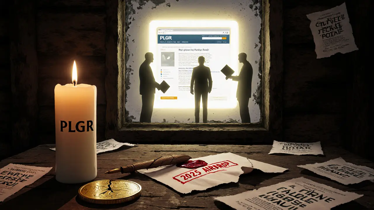 A candlelit table shows a cracked PLGR coin, broken quill, and fake airdrop envelope as shadowy figures approach a deceptive portal.
