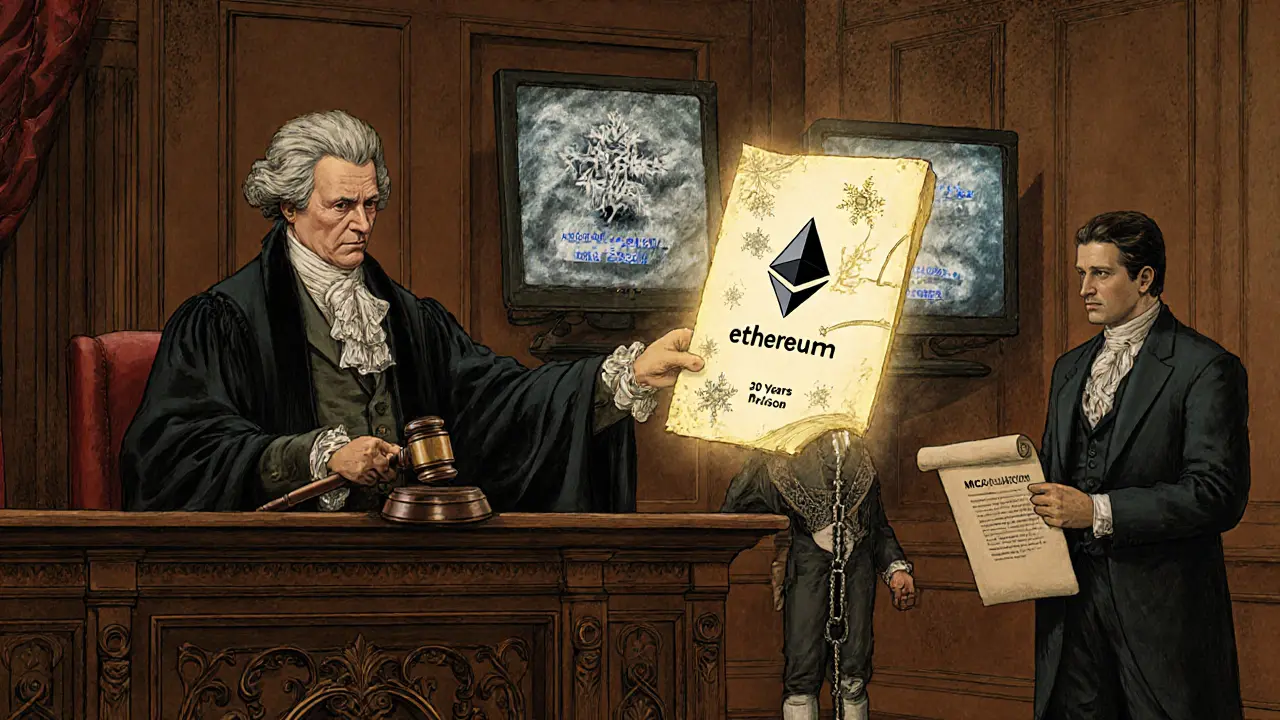 A courtroom with a glowing blockchain ledger above a man in chains, surrounded by legal documents and warnings of prison time.