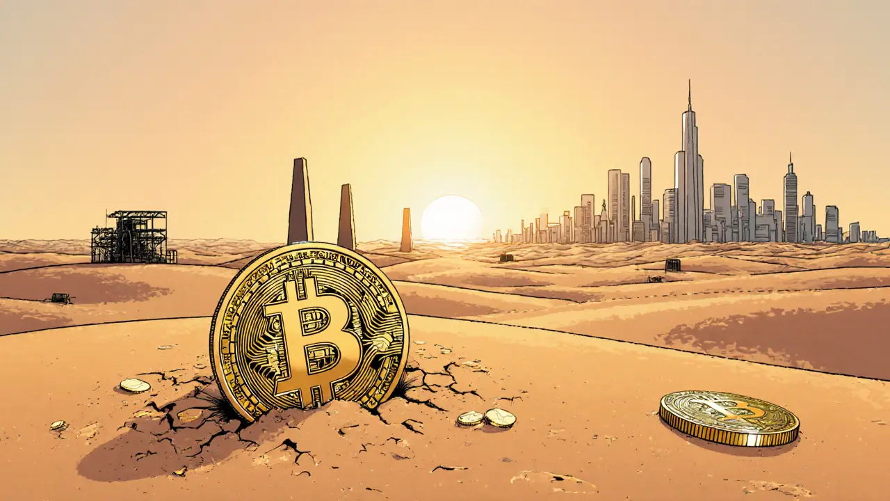 A golden Bitcoin cracks open in a desert, releasing smaller coins, as mining rigs stand like obelisks under a rising sun.