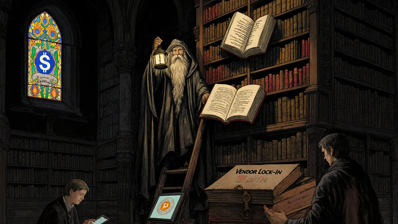 A grand library with a code-clad librarian illuminating books on Backend, Banking, and Blockchain services, illustrated in Howard Pyle style.