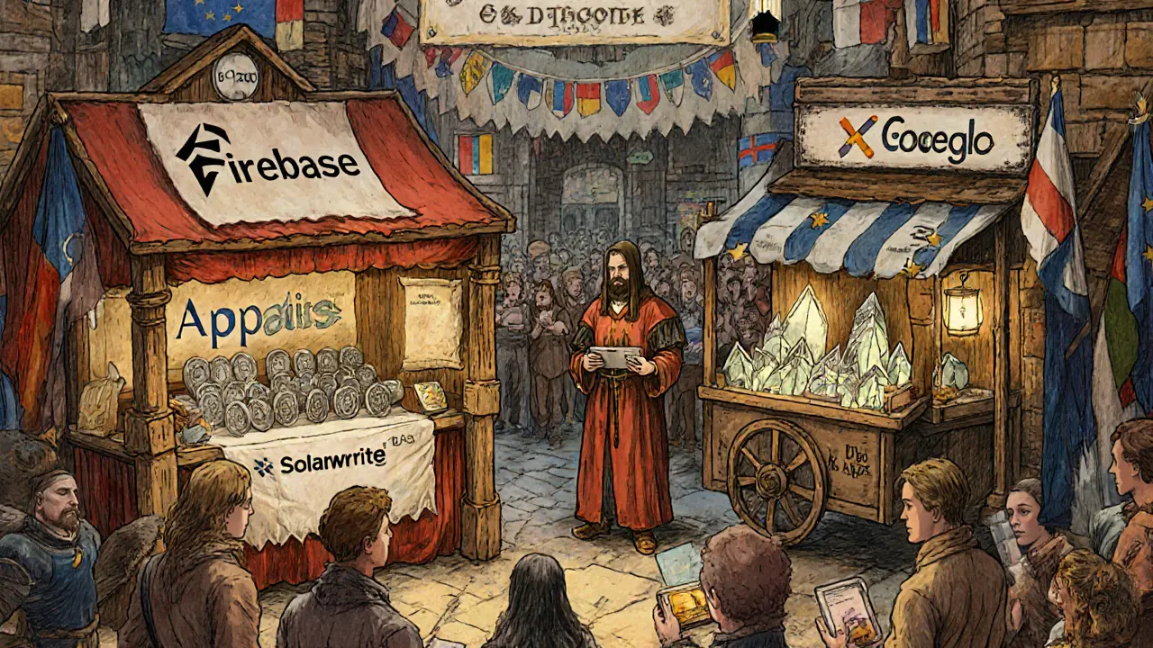 A medieval marketplace with merchants selling BaaS services as scrolls, cards, and crystals, illustrated in Howard Pyle style.