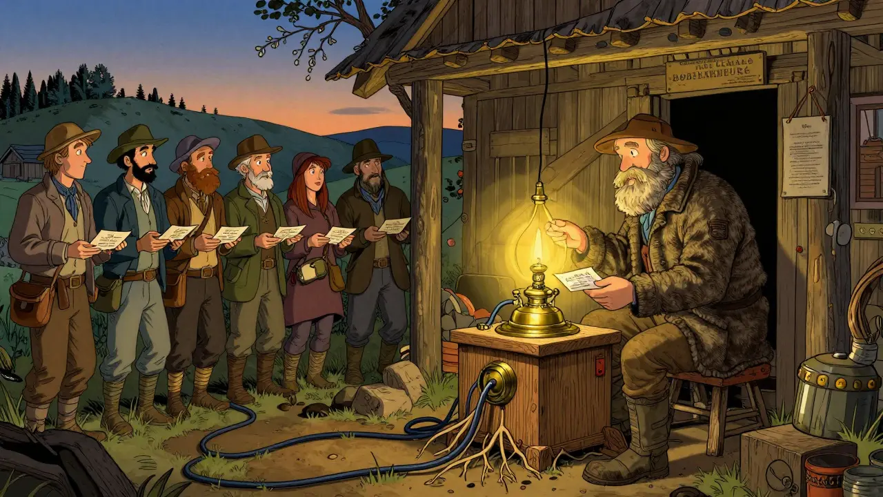 A node operator in a frontier cabin tending a brass machine as villagers deliver encrypted messages at dusk.