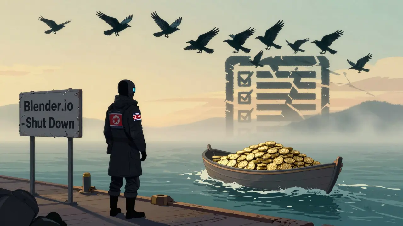 A North Korean agent watches a boat carry laundered crypto away at dawn under a blockchain-shaped flock of ravens.