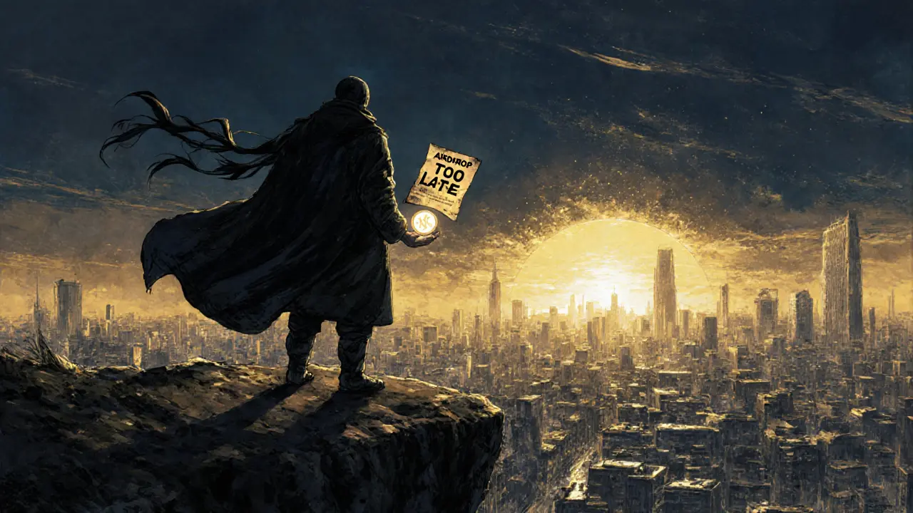 A solitary figure on a cliff holds a fading airdrop flyer as a glowing N1 token shines in their hand, sunset behind digital towers.