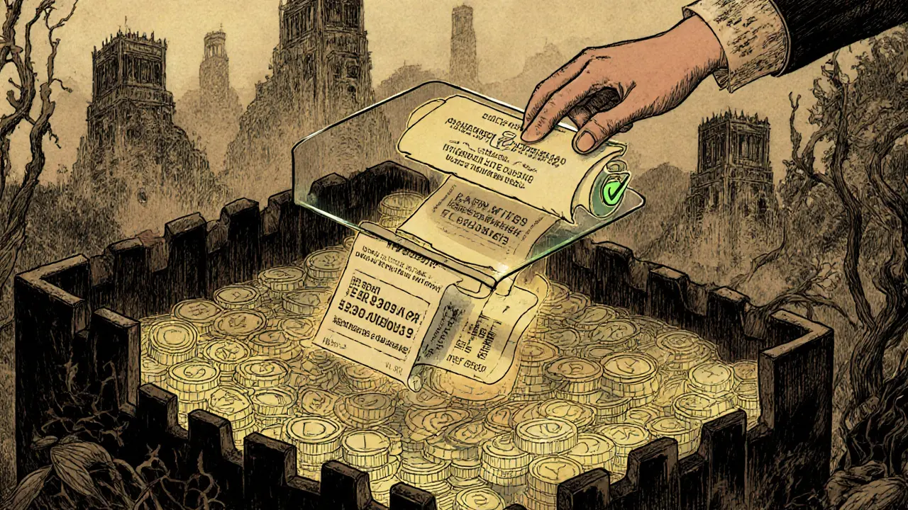 A three-layered digital fortress shows DIDs, credentials, and selective disclosure in ink-washed detail.