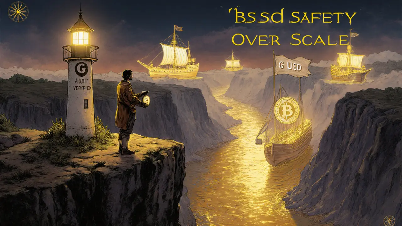 A traveler at a cliffside views three stablecoin ships — GUSD is small and safe, others are large but foggy — under a lighthouse labeled &#039;Audit Verified&#039;.