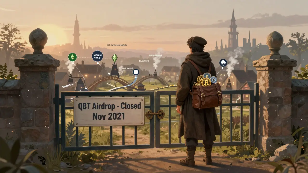 A traveler stands before a closed gate as a thriving DeFi village grows behind them.