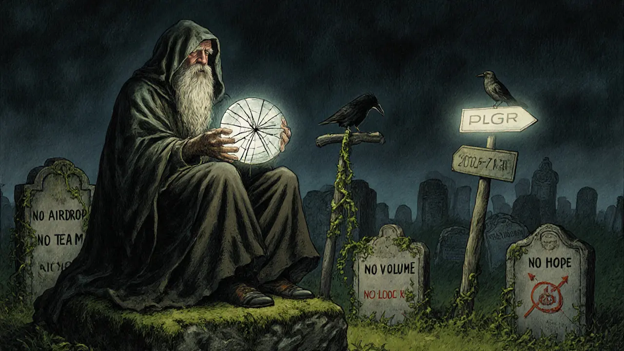 An old sage sits before a graveyard of blockchain tombstones, with signs declaring &#039;No Airdrop&#039; and &#039;No Volume&#039; under a dying orb.