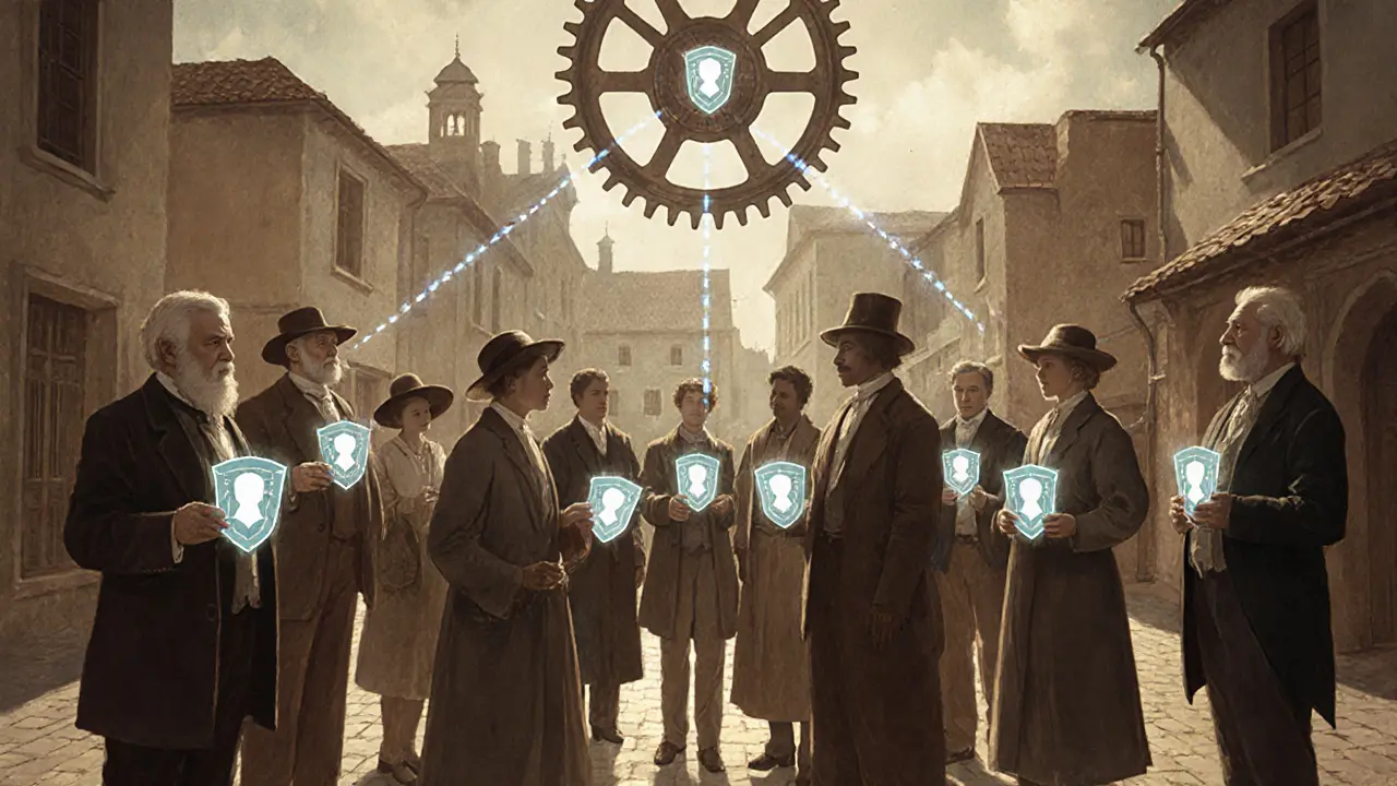 Diverse people in a town square share verified identities through biometric wallets under a universal resolver gear.