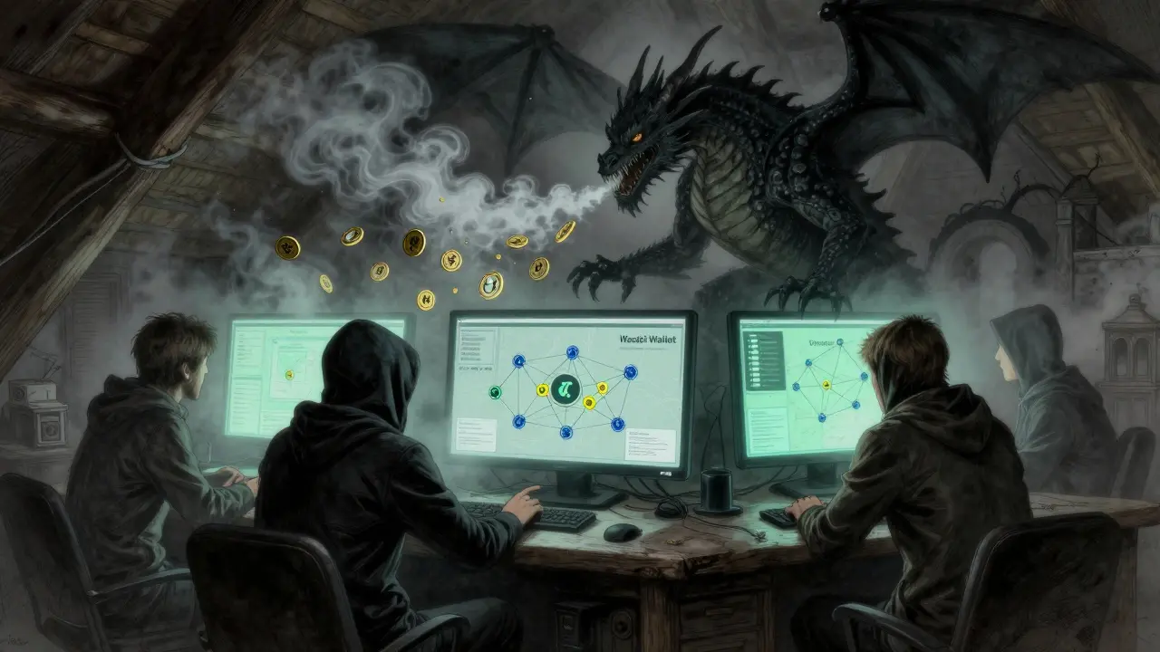 Hackers study blockchain maps in a foggy attic while a dragon symbolizes Lazarus Group.