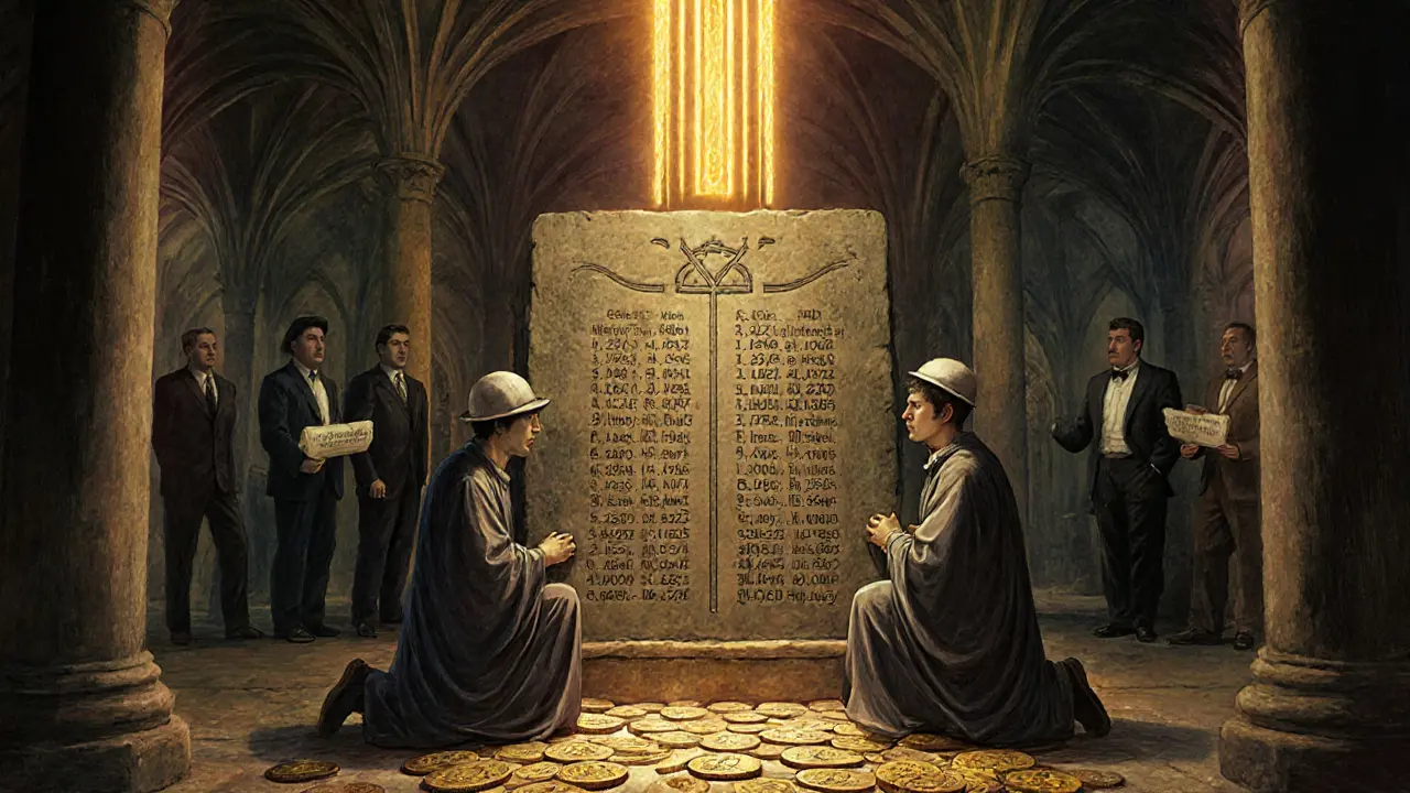 Miners kneel before a stone ledger in a Bitcoin cathedral as a halving rune descends, with institutional investors watching silently.