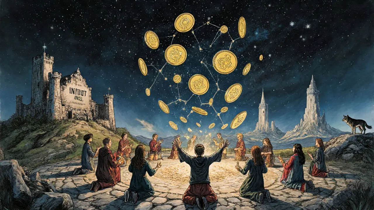 Players gather in a starlit circle as ING tokens rise to form a constellation of game icons above rising towers.