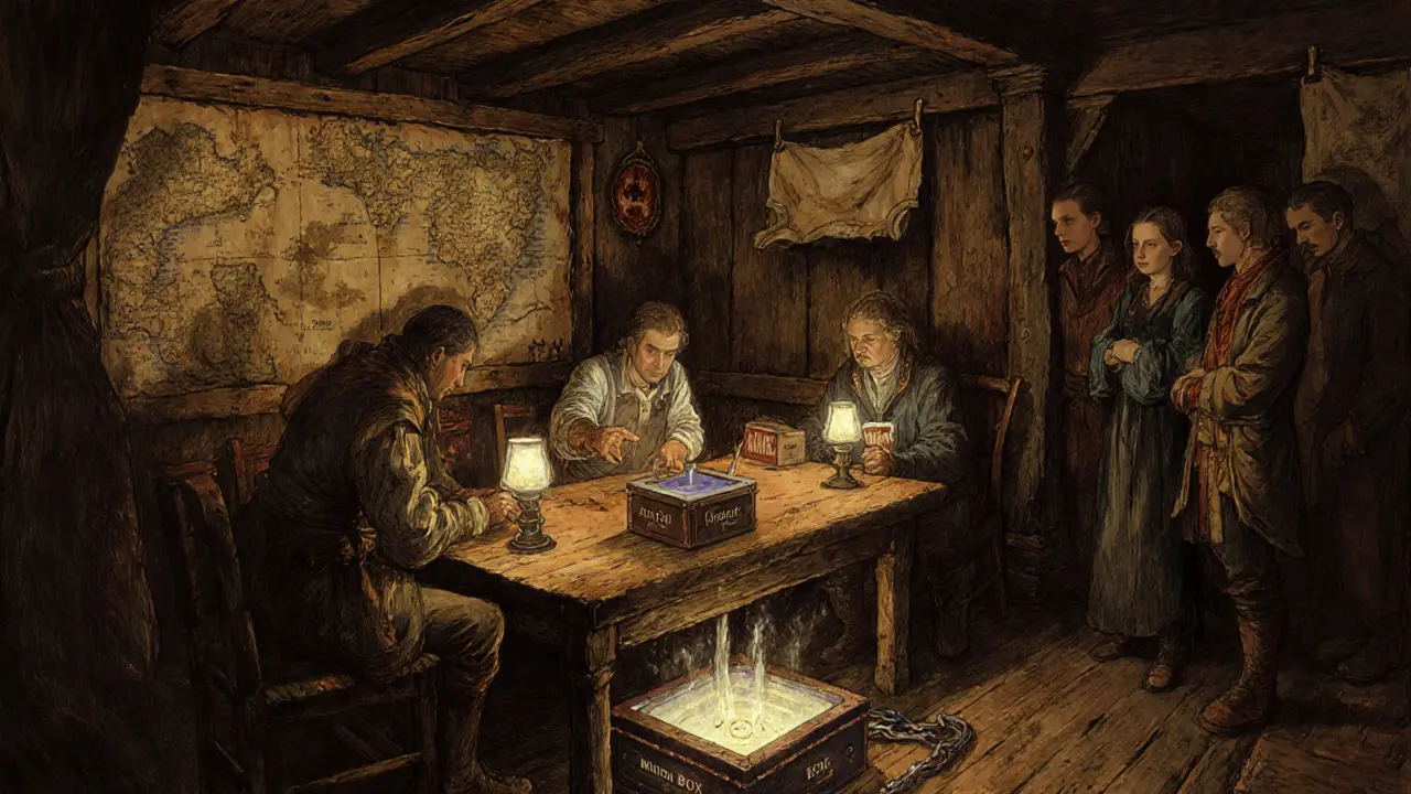 Players trade enchanted NFT boxes at a wooden table lit by oil lamps, with blockchain symbols on the walls.