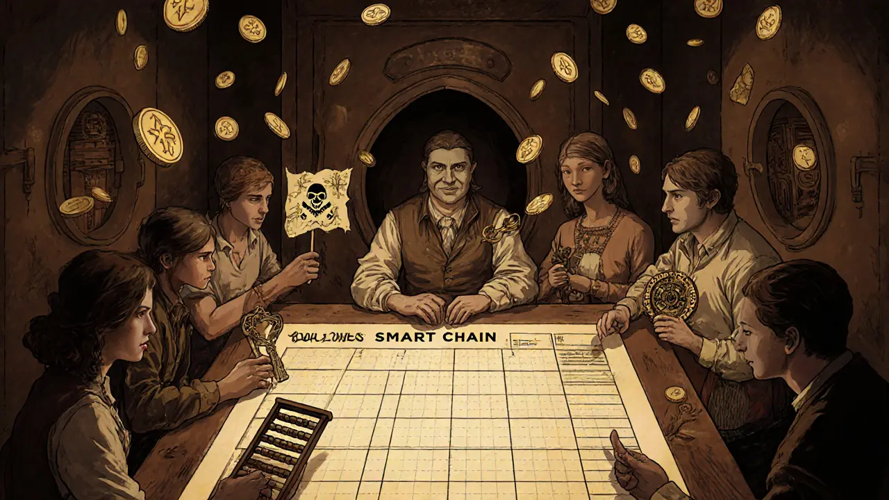 Ten creators gather around a glowing ledger as N1 tokens rain down, styled in Howard Pyle&#039;s adventurous ink-and-wash technique.