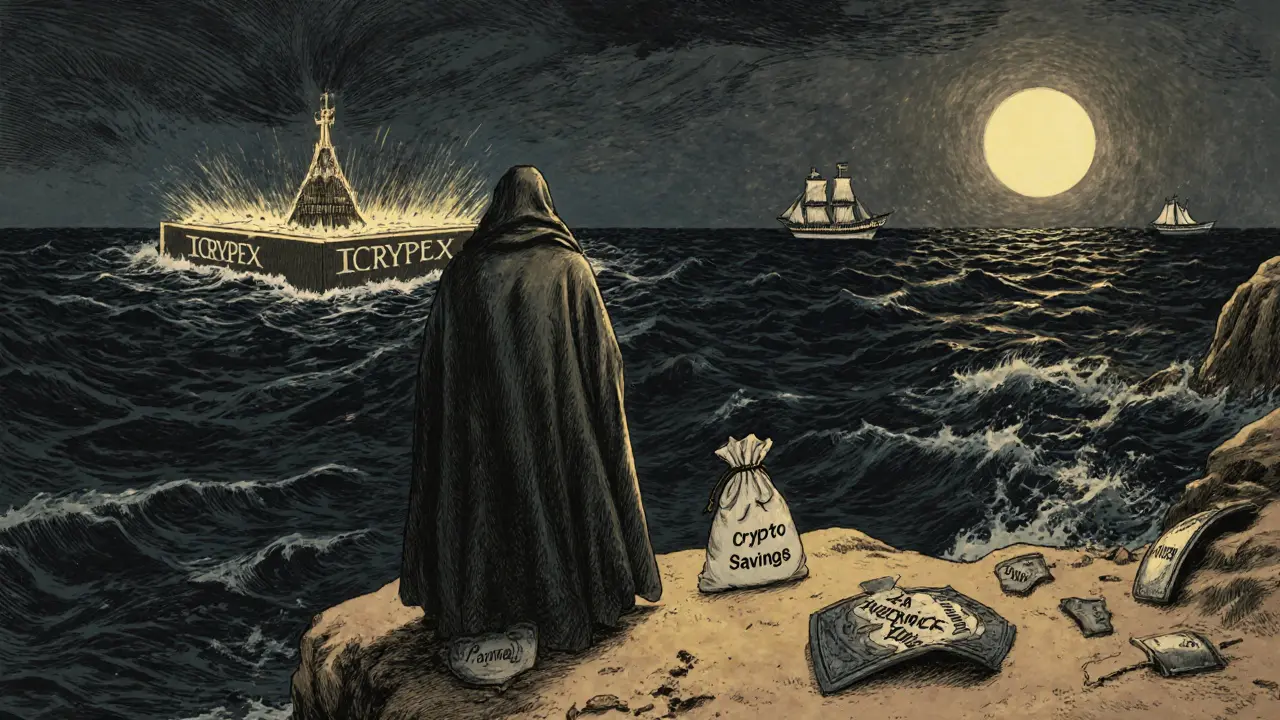 A lone figure holds crypto savings while ICRYPEX flickers dangerously on the horizon amid broken security shields.