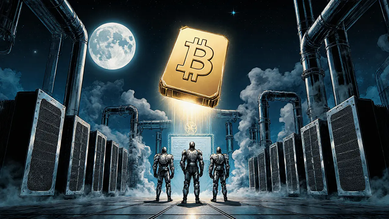 A massive industrial mining facility with hundreds of ASICs under moonlight, representing corporate solo mining dominance.