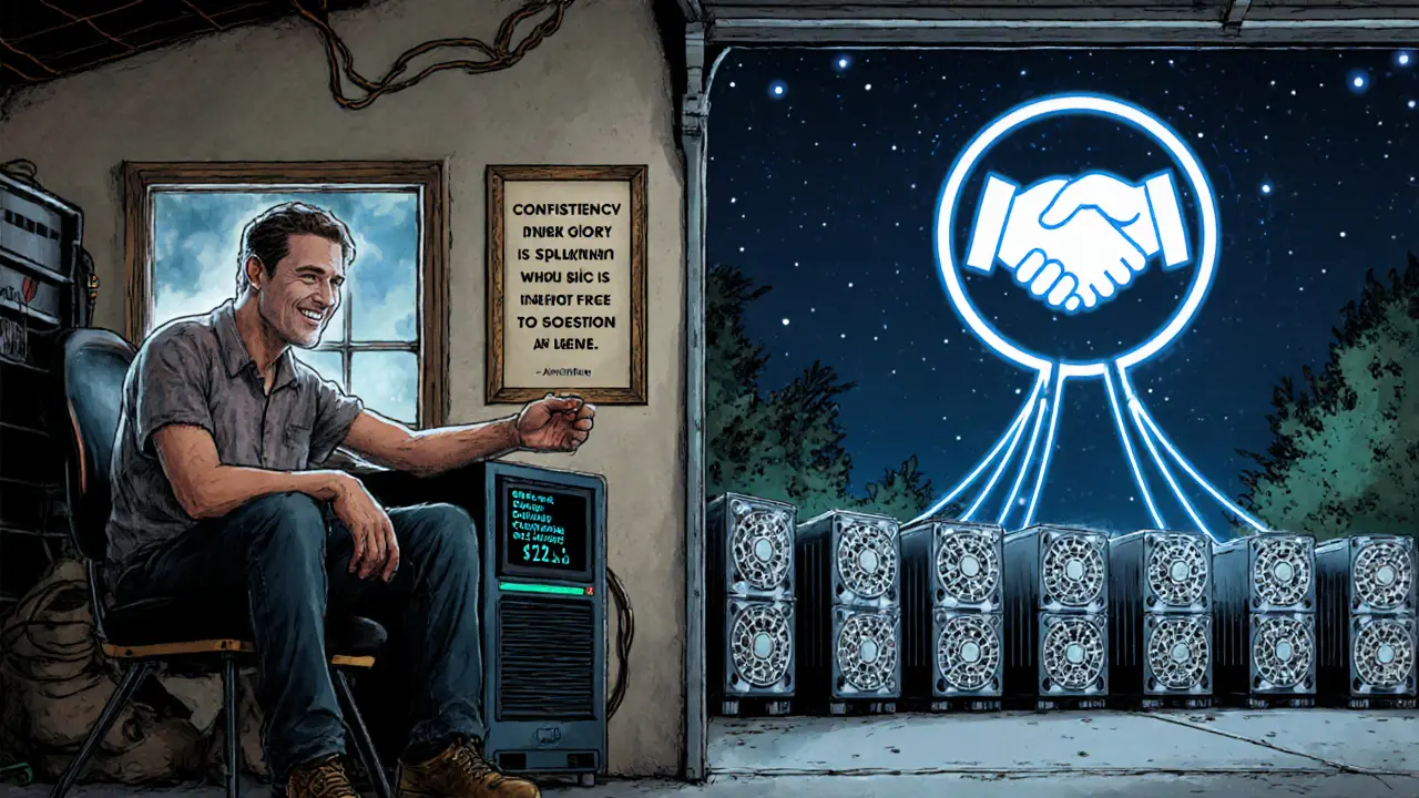 A small-time miner in a garage watching daily crypto payouts on a screen, with a friendly pool symbol on the wall.