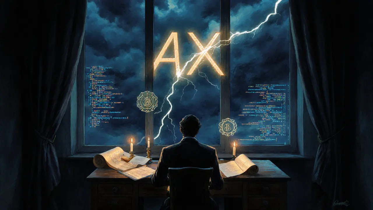 Developer at desk with holographic AI nodes verifying NFTs, candlelight and digital storm outside