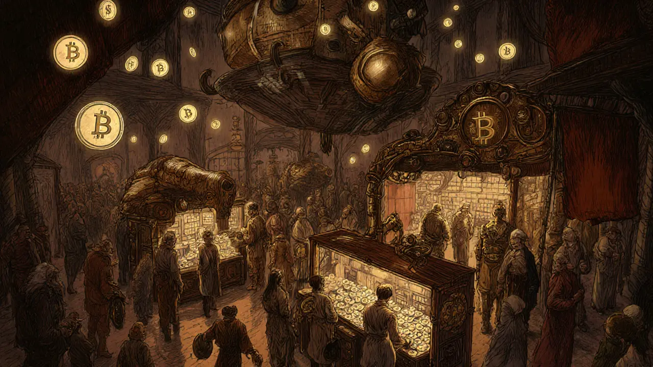 Steampunk marketplace with AI nodes and traders exchanging crypto tokens in glowing citadel