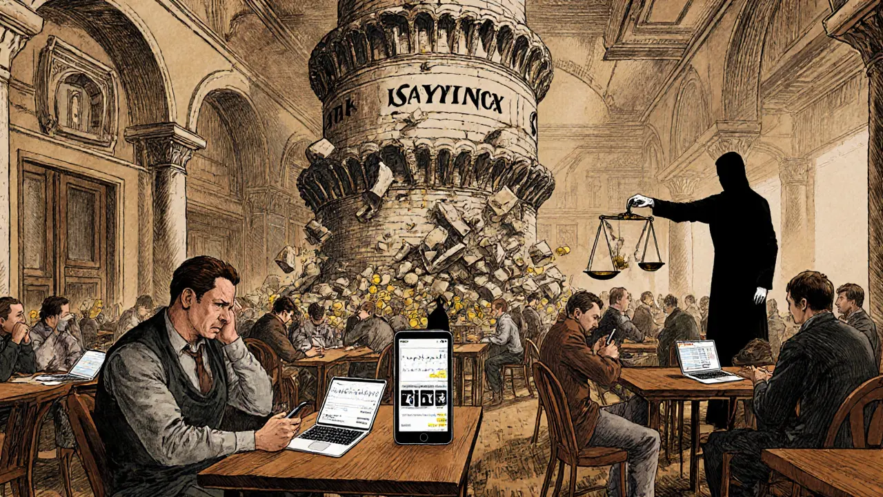 Traders in an Istanbul coffee house watch crypto values crash as a staking tower collapses behind them.