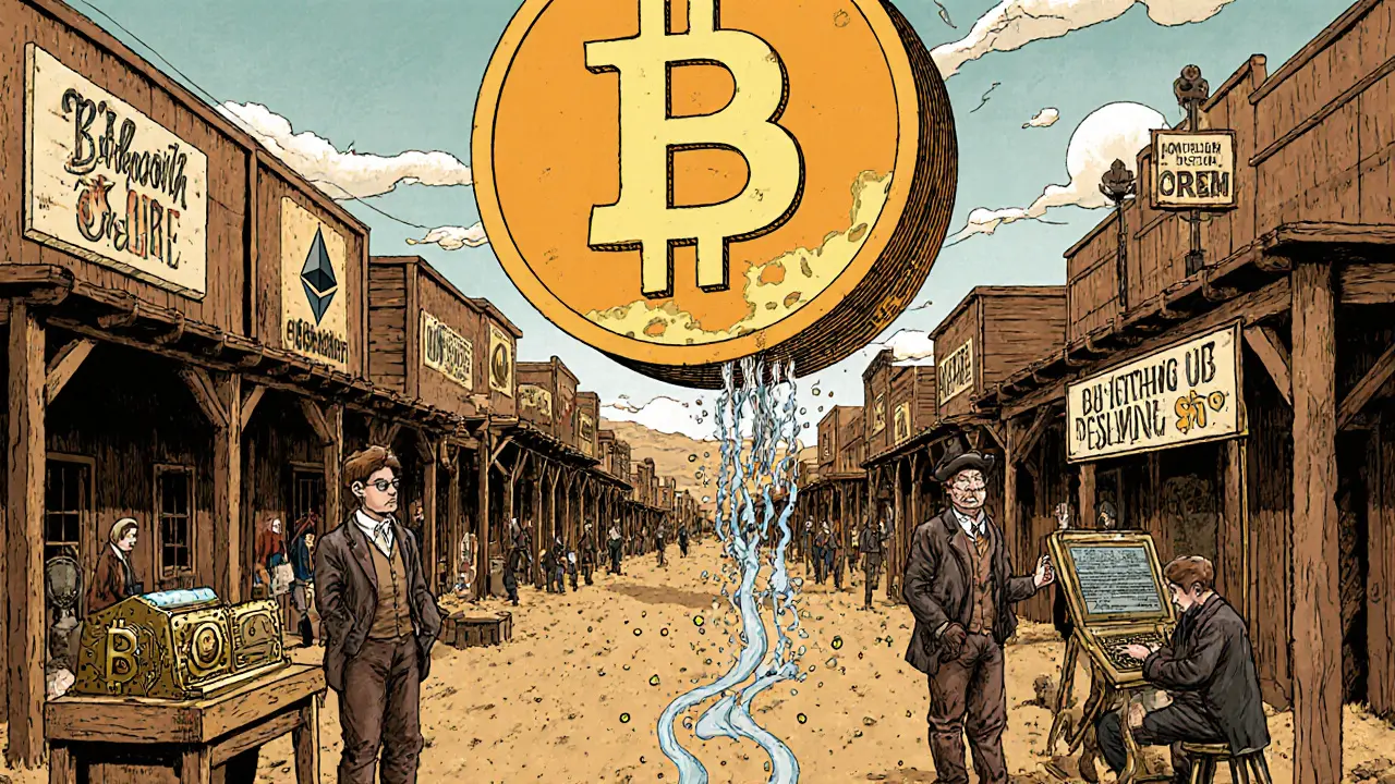 A 19th-century-style town built like smart contracts, with Bitcoin symbols above and developers using mechanical computers to trade CORE tokens.