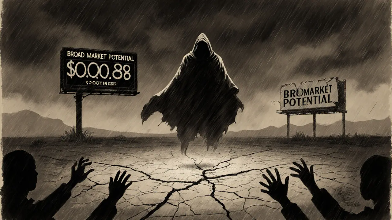 A ghostly figure above a broken blockchain ledger showing zero balances, with traders reaching into emptiness.