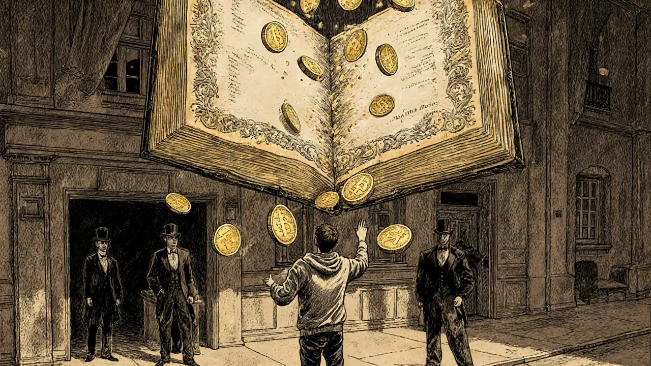 A magical ledger turns into golden tokens raining over an Atlanta apartment, while old-fashioned brokers watch from the shadows.