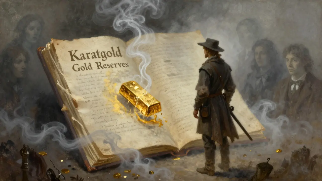 A traveler facing a fading gold ledger as gold bars vanish into smoke, in classic illustrated style.