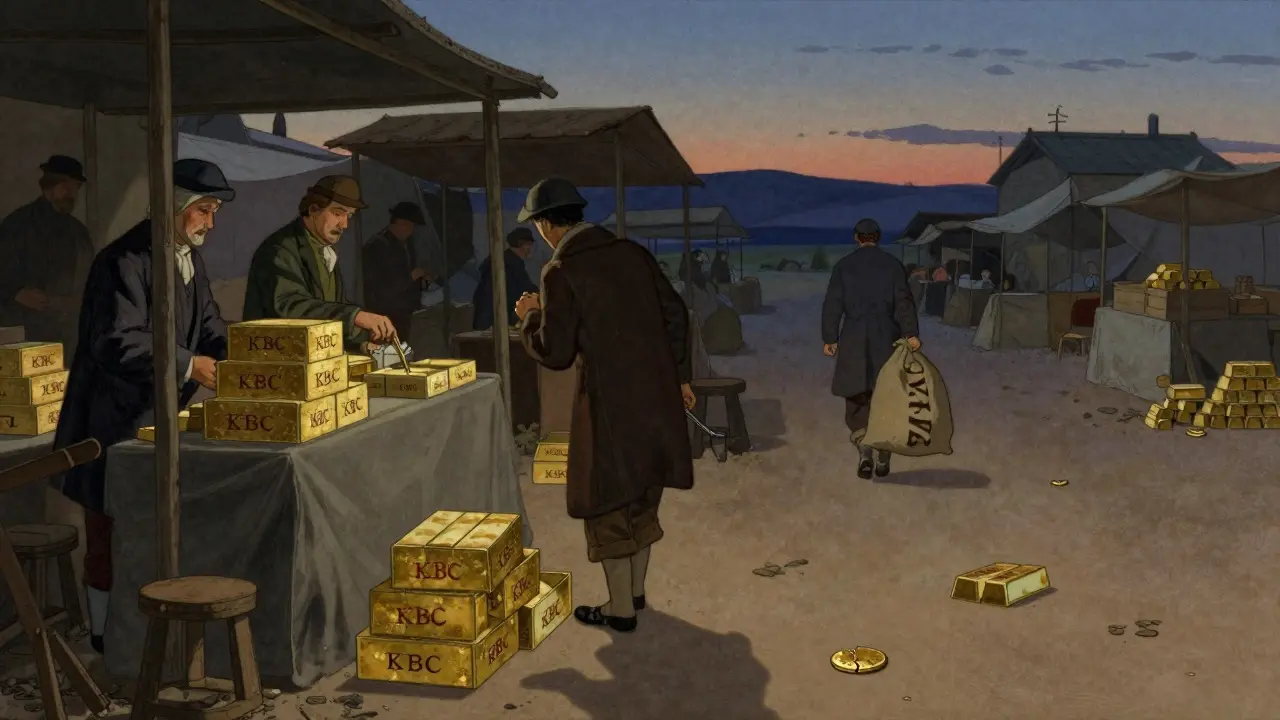 An empty marketplace with broken KBC tokens, a figure walking away with real gold bars.