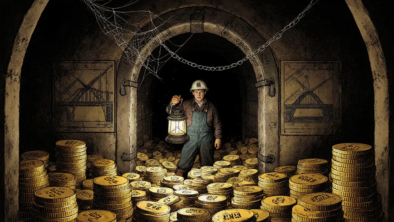 An empty vault filled with billions of untouched GMFI coins, lit by a lone lantern, surrounded by fading blueprints.