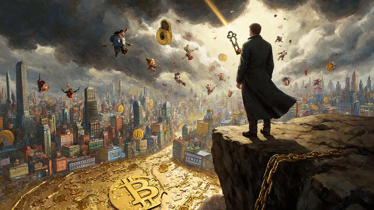 An investor on a cliff bridges a calm Bitcoin world below with a vibrant DeFi metropolis above, holding a timelock key that connects both.
